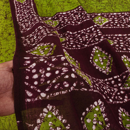 Sanskriti Vintage Saree Green-Wine Pure Cotton Batik Printed Sari Fabric 5+Yard