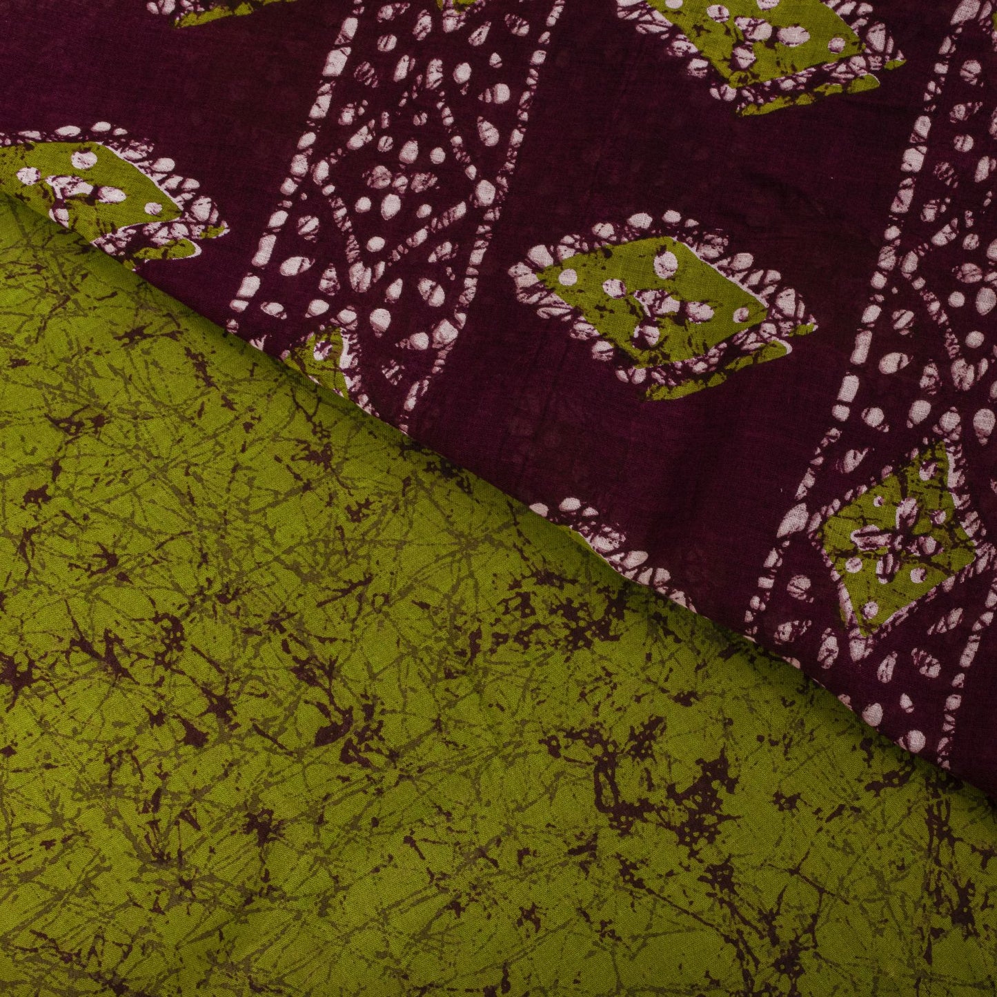 Sanskriti Vintage Saree Green-Wine Pure Cotton Batik Printed Sari Fabric 5+Yard