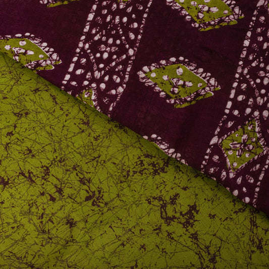 Sanskriti Vintage Saree Green-Wine Pure Cotton Batik Printed Sari Fabric 5+Yard