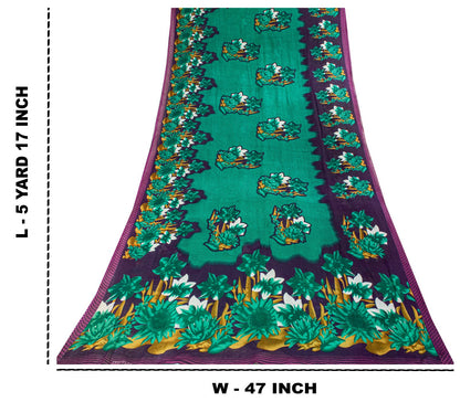 Sanskriti Vintage Saree Green Pure Cotton Digital Print Sari Craft Fabric 5+Yard