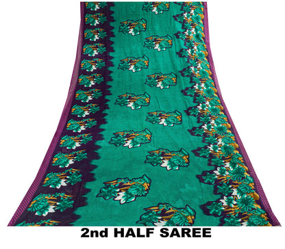Sanskriti Vintage Saree Green Pure Cotton Digital Print Sari Craft Fabric 5+Yard