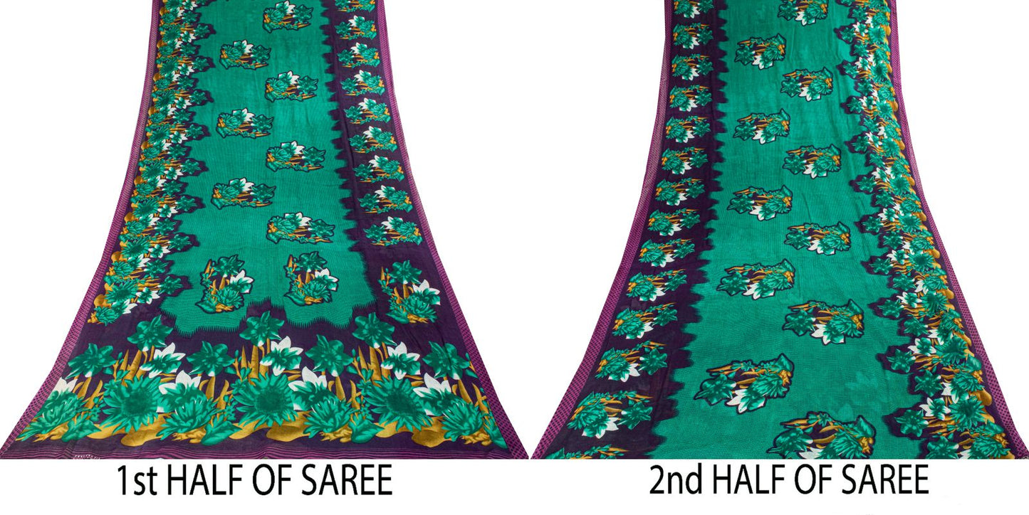 Sanskriti Vintage Saree Green Pure Cotton Digital Print Sari Craft Fabric 5+Yard
