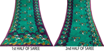 Sanskriti Vintage Saree Green Pure Cotton Digital Print Sari Craft Fabric 5+Yard