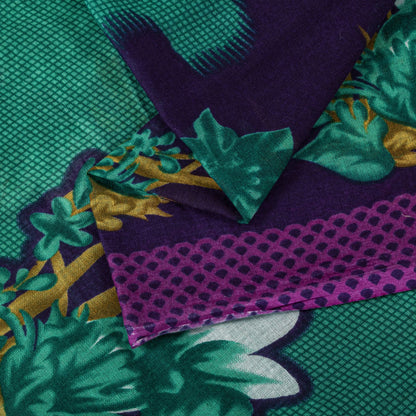 Sanskriti Vintage Saree Green Pure Cotton Digital Print Sari Craft Fabric 5+Yard