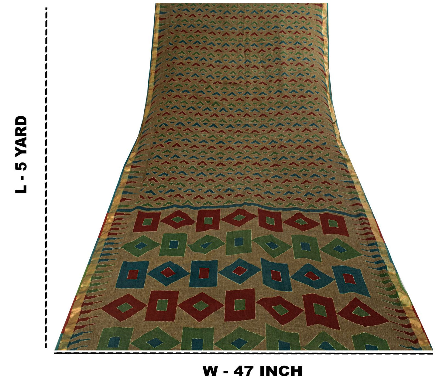 Sanskriti Vintage Saree Brown Pure Cotton Geometric Kantha Printed Fabric 5+Yard Craft Sari