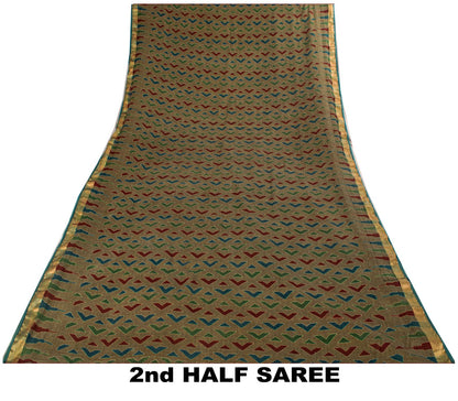 Sanskriti Vintage Saree Brown Pure Cotton Geometric Kantha Printed Fabric 5+Yard Craft Sari