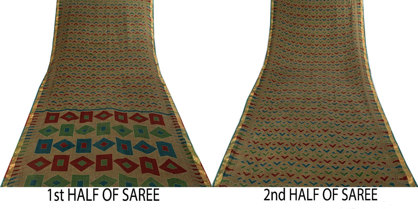 Sanskriti Vintage Saree Brown Pure Cotton Geometric Kantha Printed Fabric 5+Yard Craft Sari