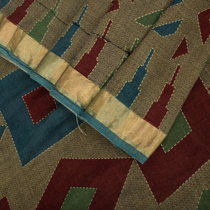 Sanskriti Vintage Saree Brown Pure Cotton Geometric Kantha Printed Fabric 5+Yard Craft Sari