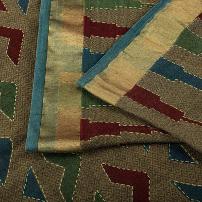 Sanskriti Vintage Saree Brown Pure Cotton Geometric Kantha Printed Fabric 5+Yard Craft Sari