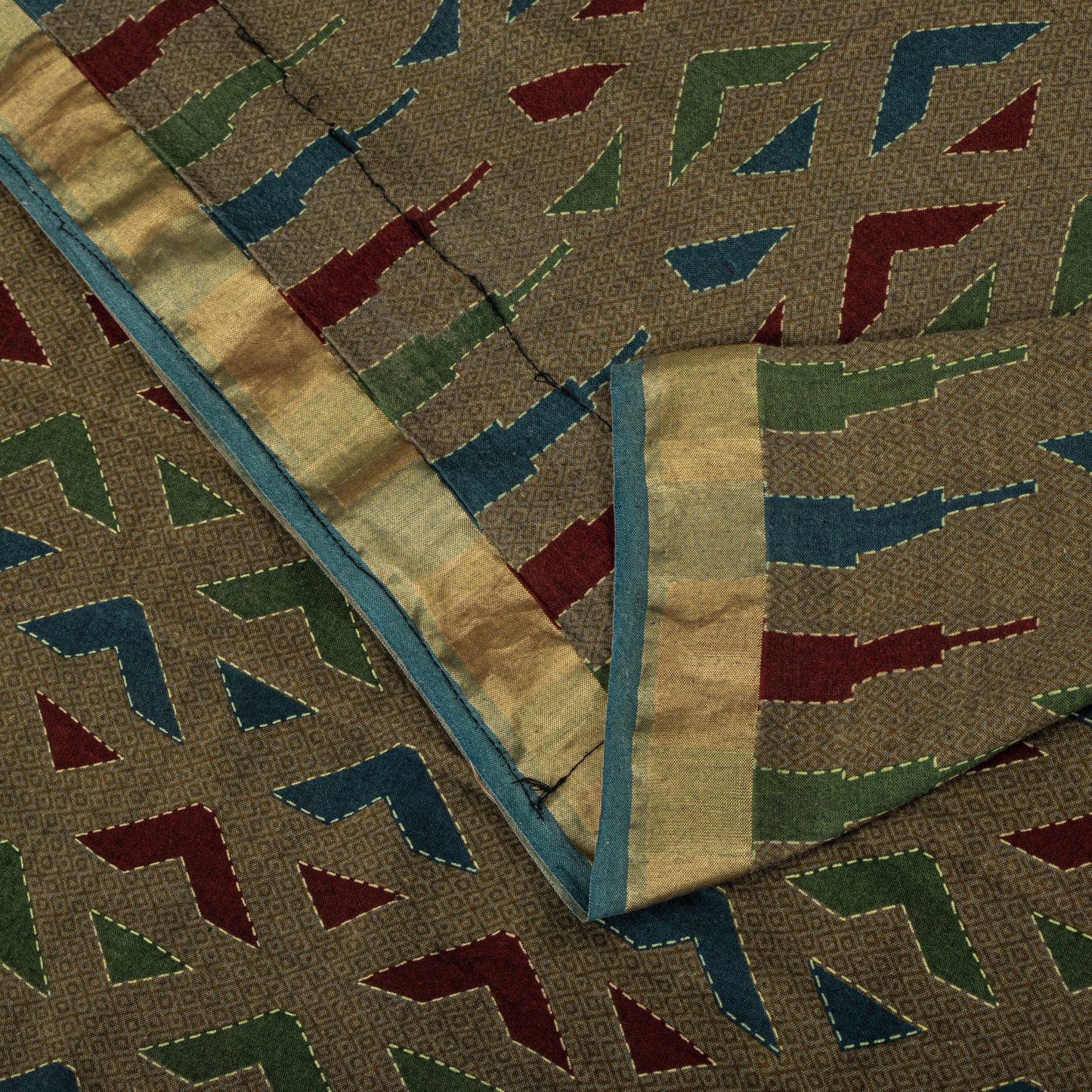 Sanskriti Vintage Saree Brown Pure Cotton Geometric Kantha Printed Fabric 5+Yard Craft Sari