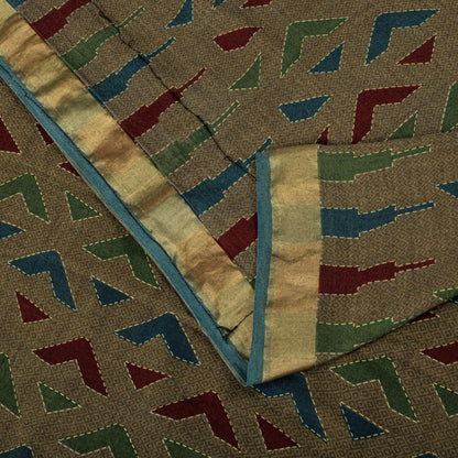 Sanskriti Vintage Saree Brown Pure Cotton Geometric Kantha Printed Fabric 5+Yard Craft Sari