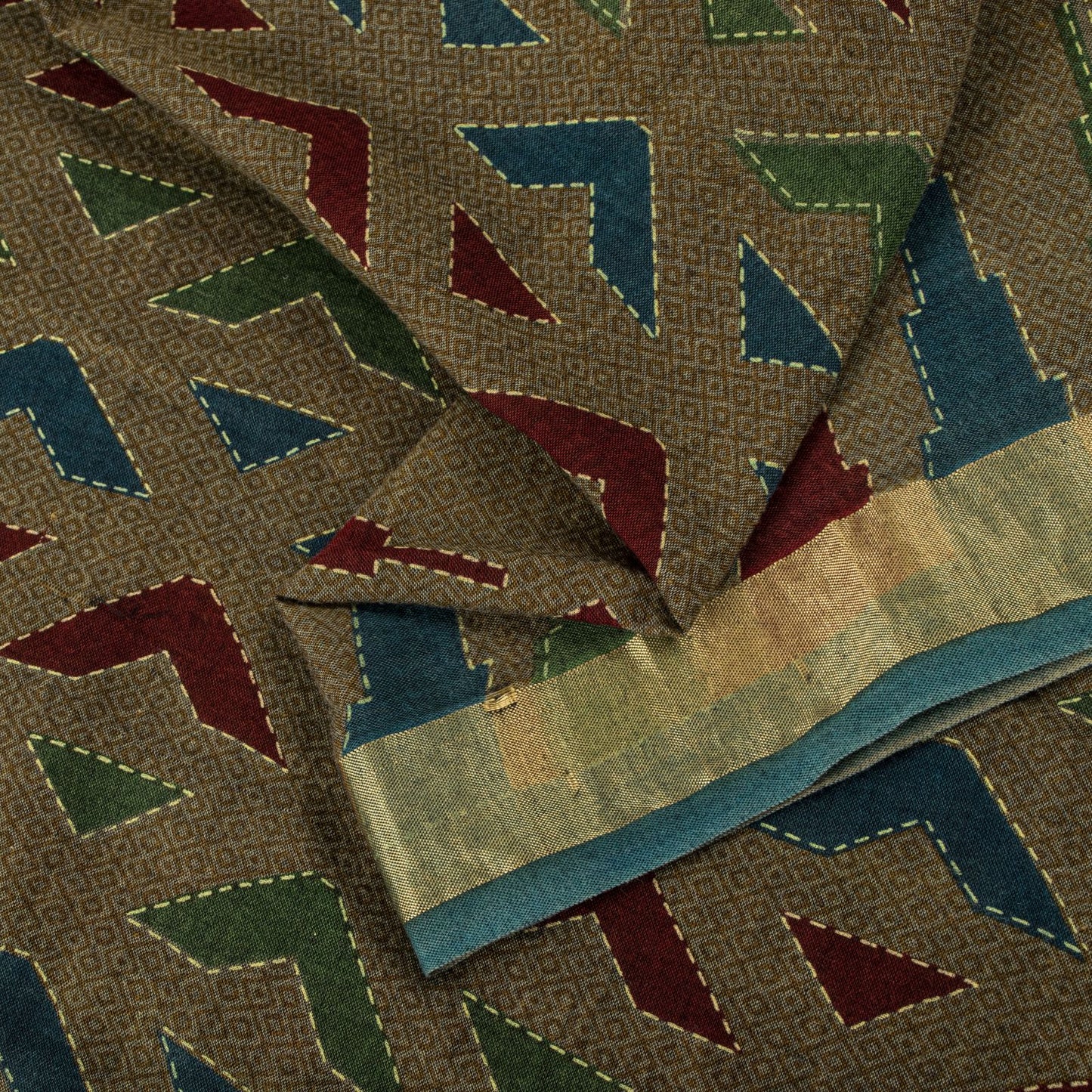 Sanskriti Vintage Saree Brown Pure Cotton Geometric Kantha Printed Fabric 5+Yard Craft Sari