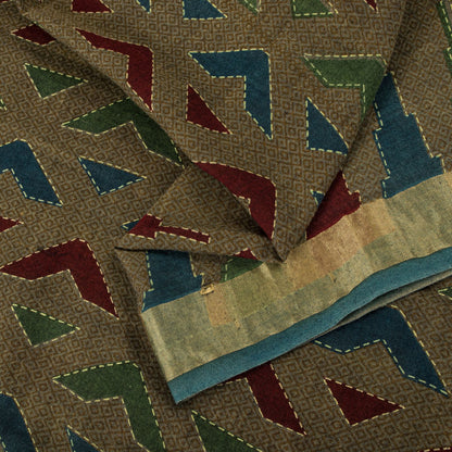 Sanskriti Vintage Saree Brown Pure Cotton Geometric Kantha Printed Fabric 5+Yard Craft Sari
