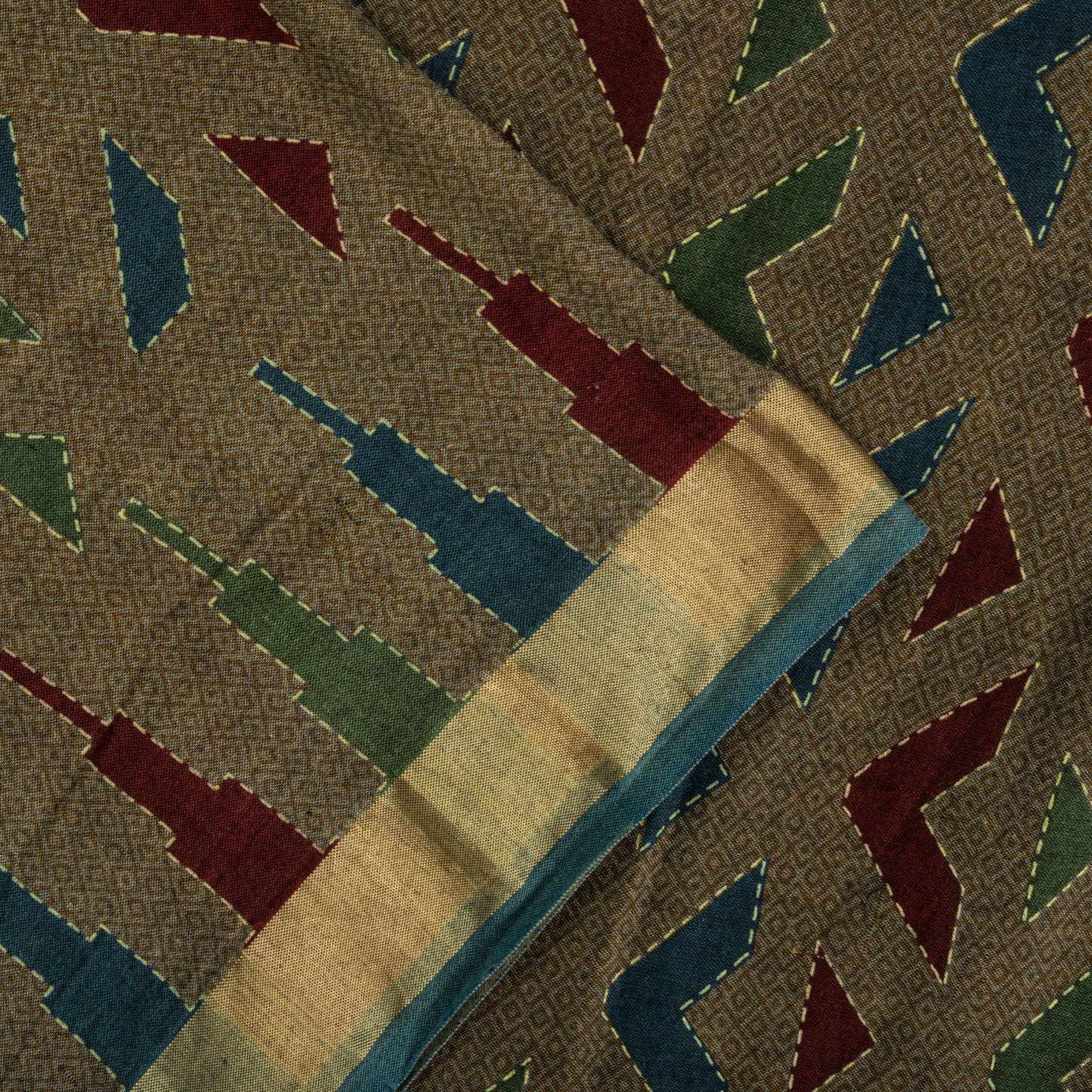 Sanskriti Vintage Saree Brown Pure Cotton Geometric Kantha Printed Fabric 5+Yard Craft Sari
