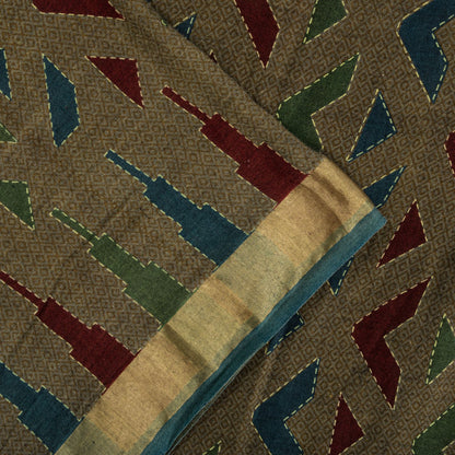 Sanskriti Vintage Saree Brown Pure Cotton Geometric Kantha Printed Fabric 5+Yard Craft Sari
