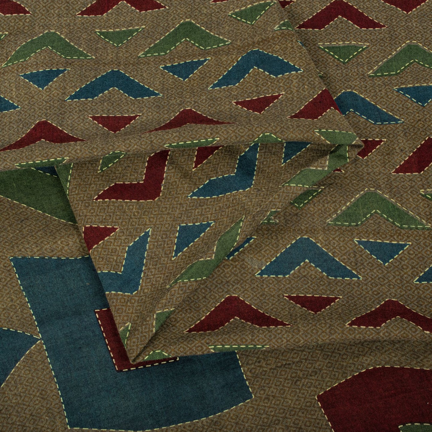 Sanskriti Vintage Saree Brown Pure Cotton Geometric Kantha Printed Fabric 5+Yard Craft Sari