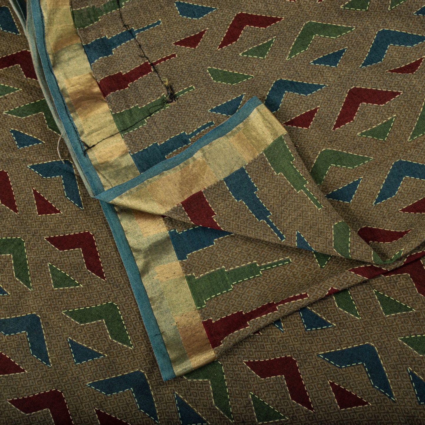 Sanskriti Vintage Saree Brown Pure Cotton Geometric Kantha Printed Fabric 5+Yard Craft Sari