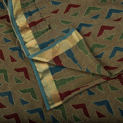 Sanskriti Vintage Saree Brown Pure Cotton Geometric Kantha Printed Fabric 5+Yard Craft Sari