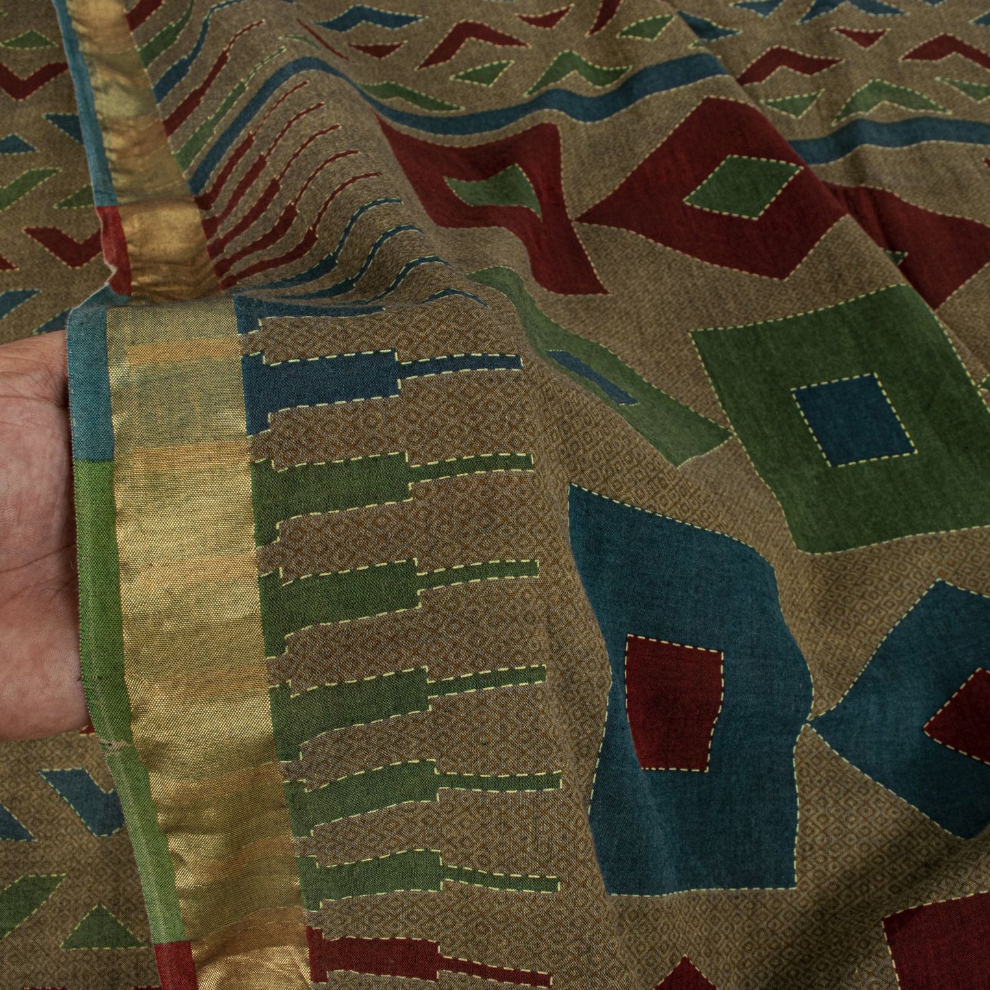 Sanskriti Vintage Saree Brown Pure Cotton Geometric Kantha Printed Fabric 5+Yard Craft Sari