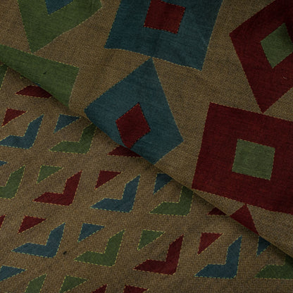 Sanskriti Vintage Saree Brown Pure Cotton Geometric Kantha Printed Fabric 5+Yard Craft Sari