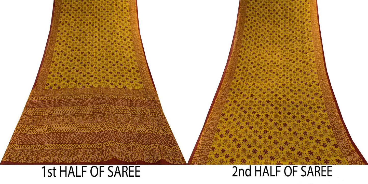 Vintage Saree Green 100% Pure Cotton Floral Printed Craft Fabric 5+Yard Sari