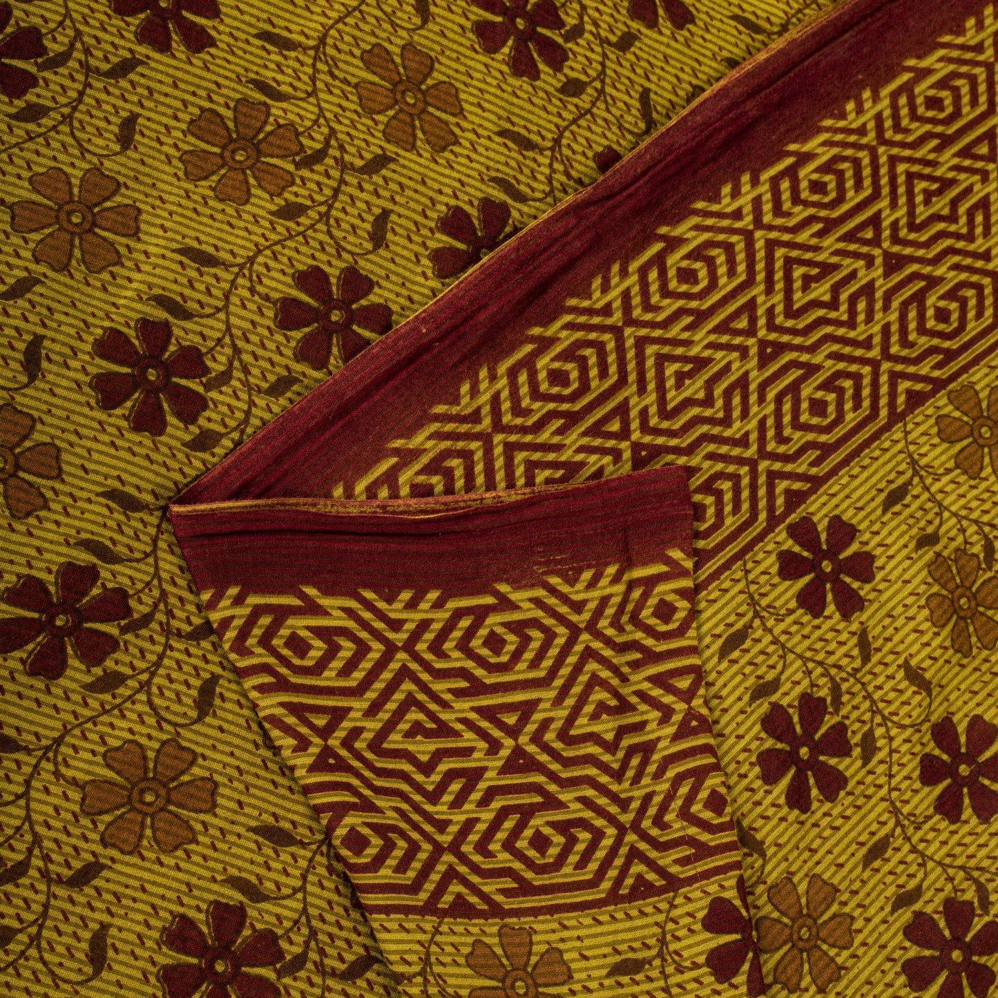 Vintage Saree Green 100% Pure Cotton Floral Printed Craft Fabric 5+Yard Sari
