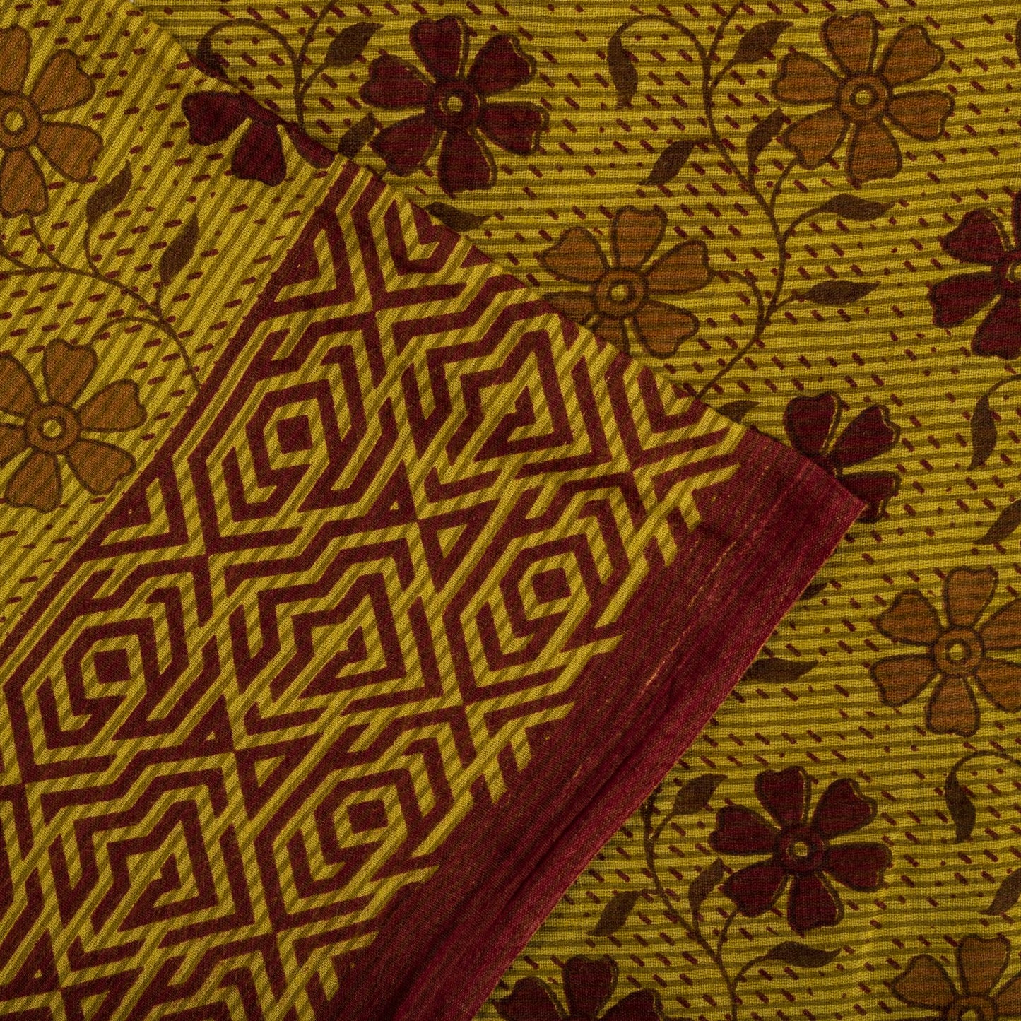 Vintage Saree Green 100% Pure Cotton Floral Printed Craft Fabric 5+Yard Sari