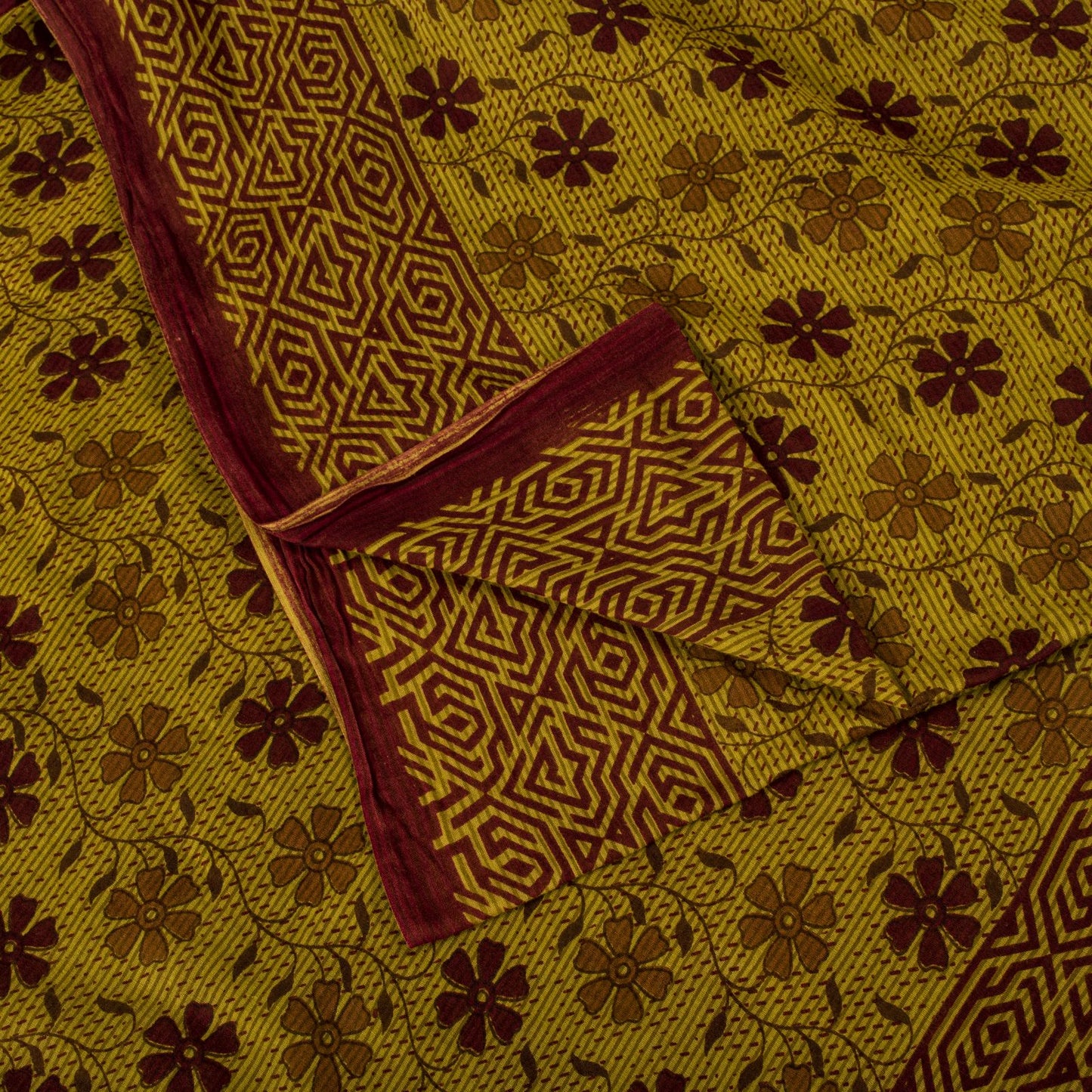 Vintage Saree Green 100% Pure Cotton Floral Printed Craft Fabric 5+Yard Sari