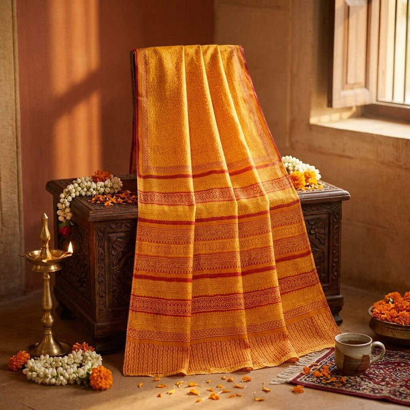 Sanskriti Vintage Saree Yellow Kota Hand Woven/Doria Pure Cotton Hand Block Printed Fabric 5.5+Yard Craft Sari