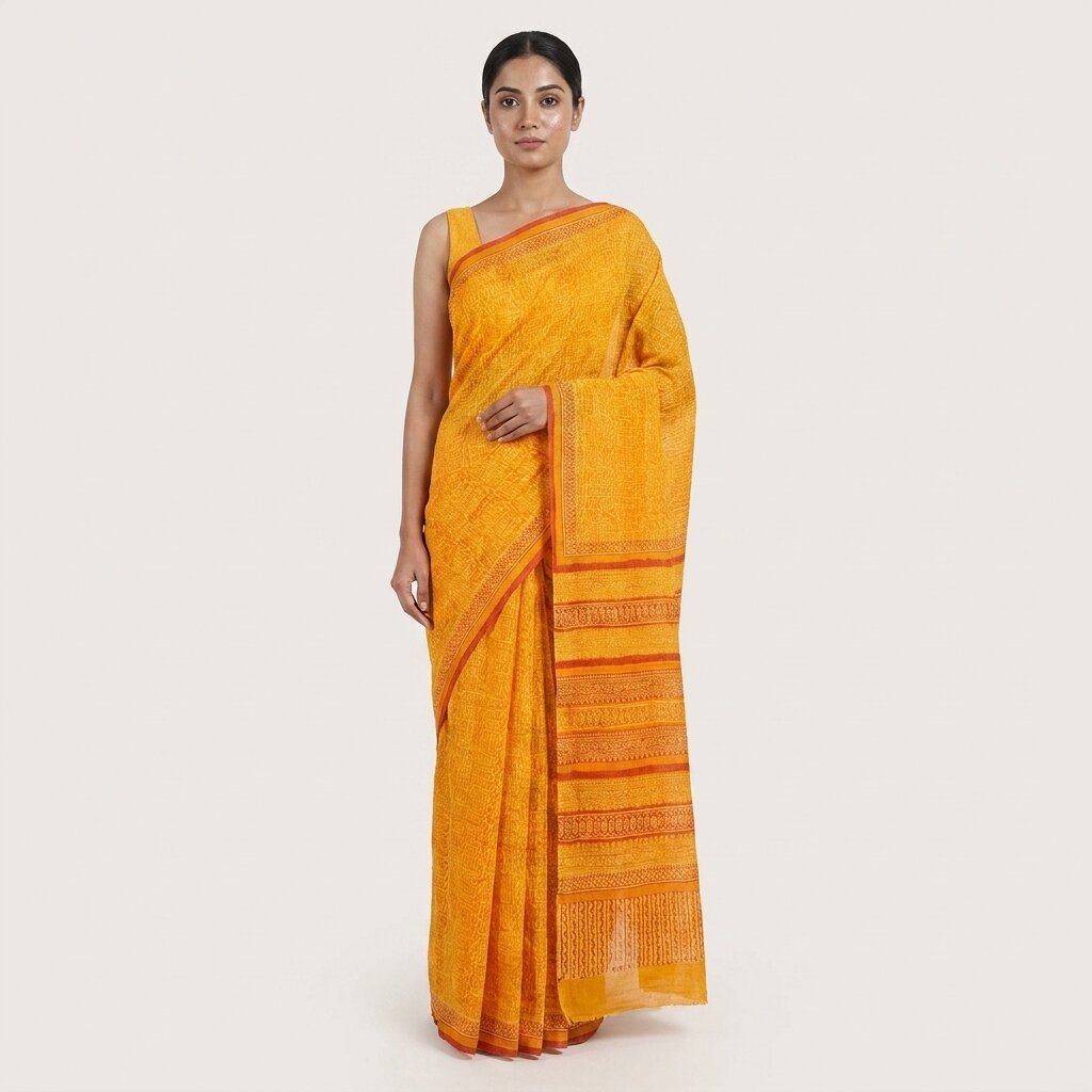 Sanskriti Vintage Saree Yellow Kota Hand Woven/Doria Pure Cotton Hand Block Printed Fabric 5.5+Yard Craft Sari