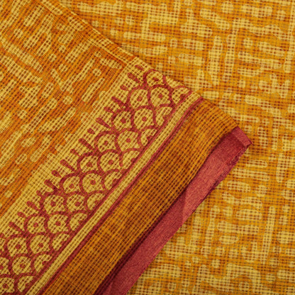 Sanskriti Vintage Saree Yellow Kota Hand Woven/Doria Pure Cotton Hand Block Printed Fabric 5.5+Yard Craft Sari