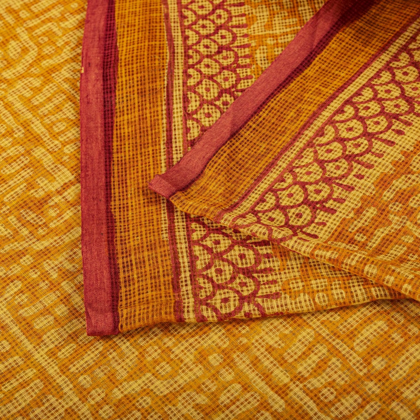 Sanskriti Vintage Saree Yellow Kota Hand Woven/Doria Pure Cotton Hand Block Printed Fabric 5.5+Yard Craft Sari
