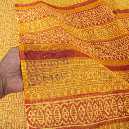 Sanskriti Vintage Saree Yellow Kota Hand Woven/Doria Pure Cotton Hand Block Printed Fabric 5.5+Yard Craft Sari