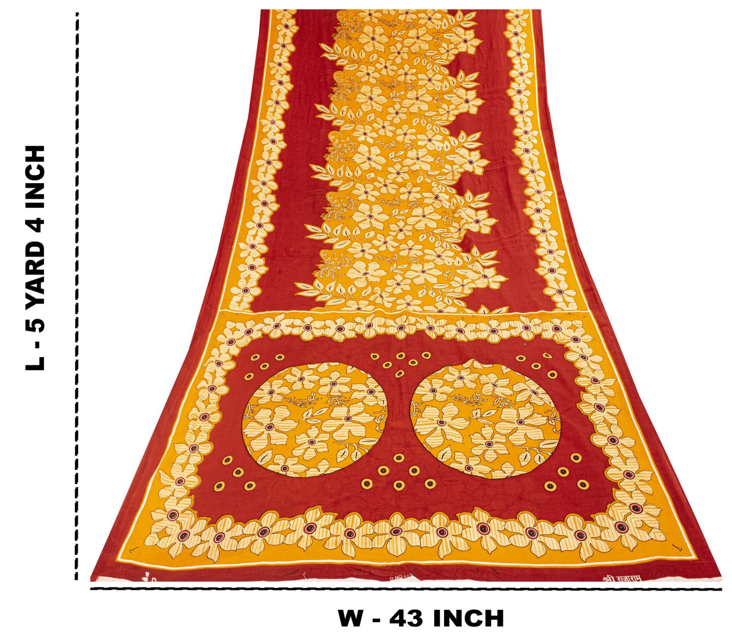 Sanskriti Vintage Saree Yellow-Red Pure Cotton Floral Printed Sari Fabric 5+Yard