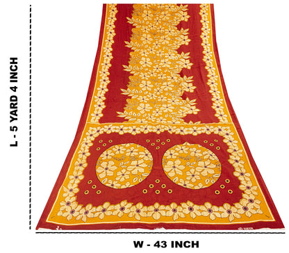 Sanskriti Vintage Saree Yellow-Red Pure Cotton Floral Printed Sari Fabric 5+Yard