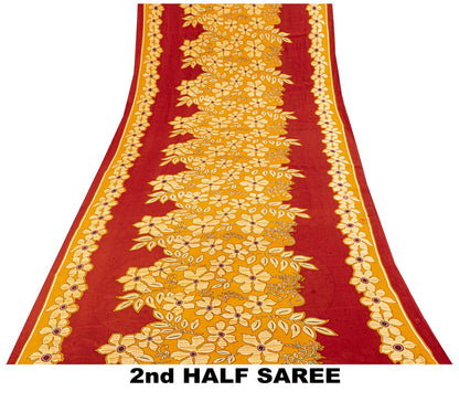 Sanskriti Vintage Saree Yellow-Red Pure Cotton Floral Printed Sari Fabric 5+Yard