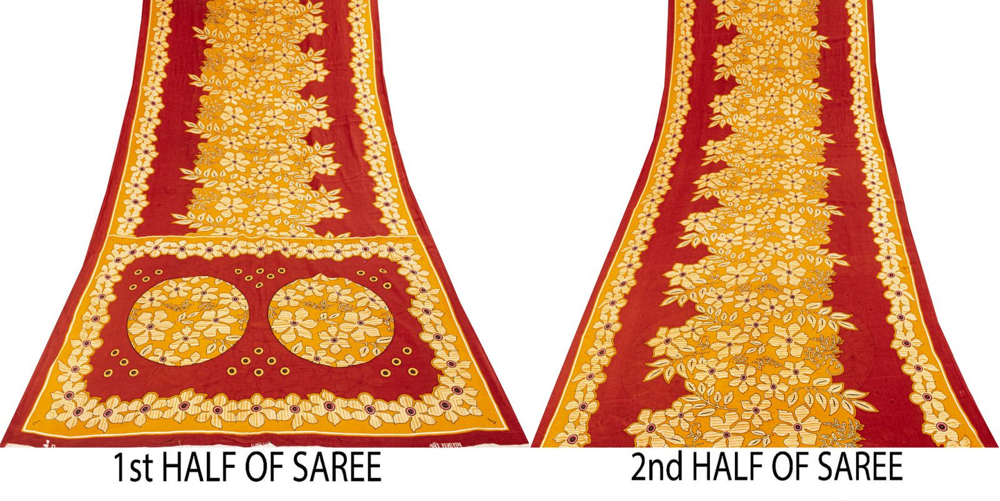 Sanskriti Vintage Saree Yellow-Red Pure Cotton Floral Printed Sari Fabric 5+Yard