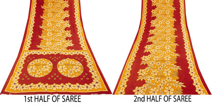 Sanskriti Vintage Saree Yellow-Red Pure Cotton Floral Printed Sari Fabric 5+Yard