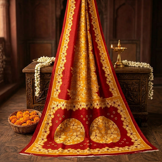 Sanskriti Vintage Saree Yellow-Red Pure Cotton Floral Printed Sari Fabric 5+Yard