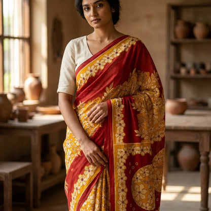 Sanskriti Vintage Saree Yellow-Red Pure Cotton Floral Printed Sari Fabric 5+Yard