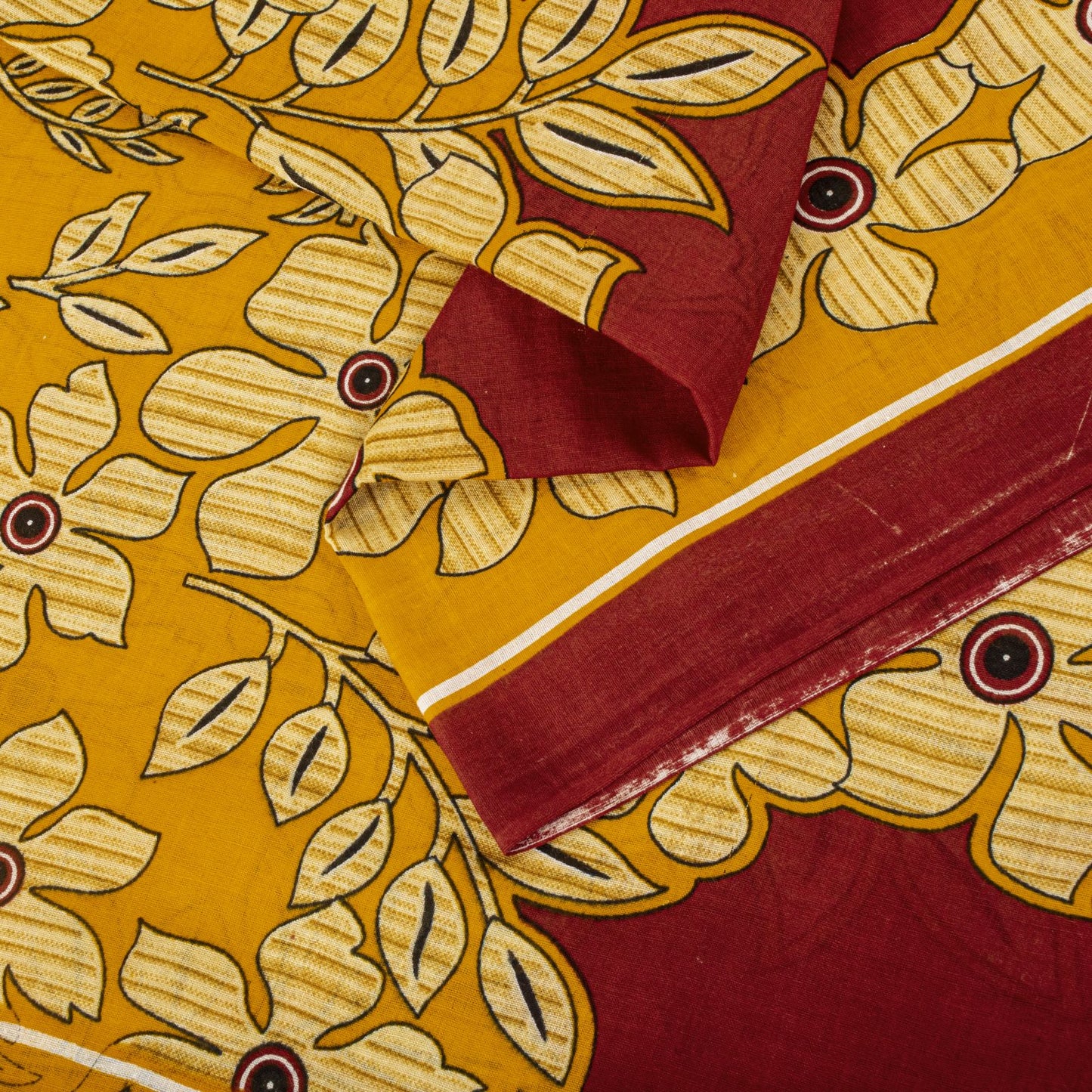 Sanskriti Vintage Saree Yellow-Red Pure Cotton Floral Printed Sari Fabric 5+Yard