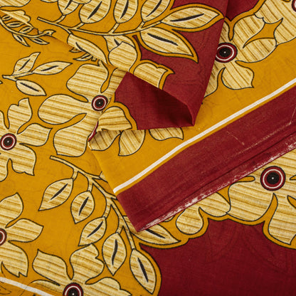 Sanskriti Vintage Saree Yellow-Red Pure Cotton Floral Printed Sari Fabric 5+Yard