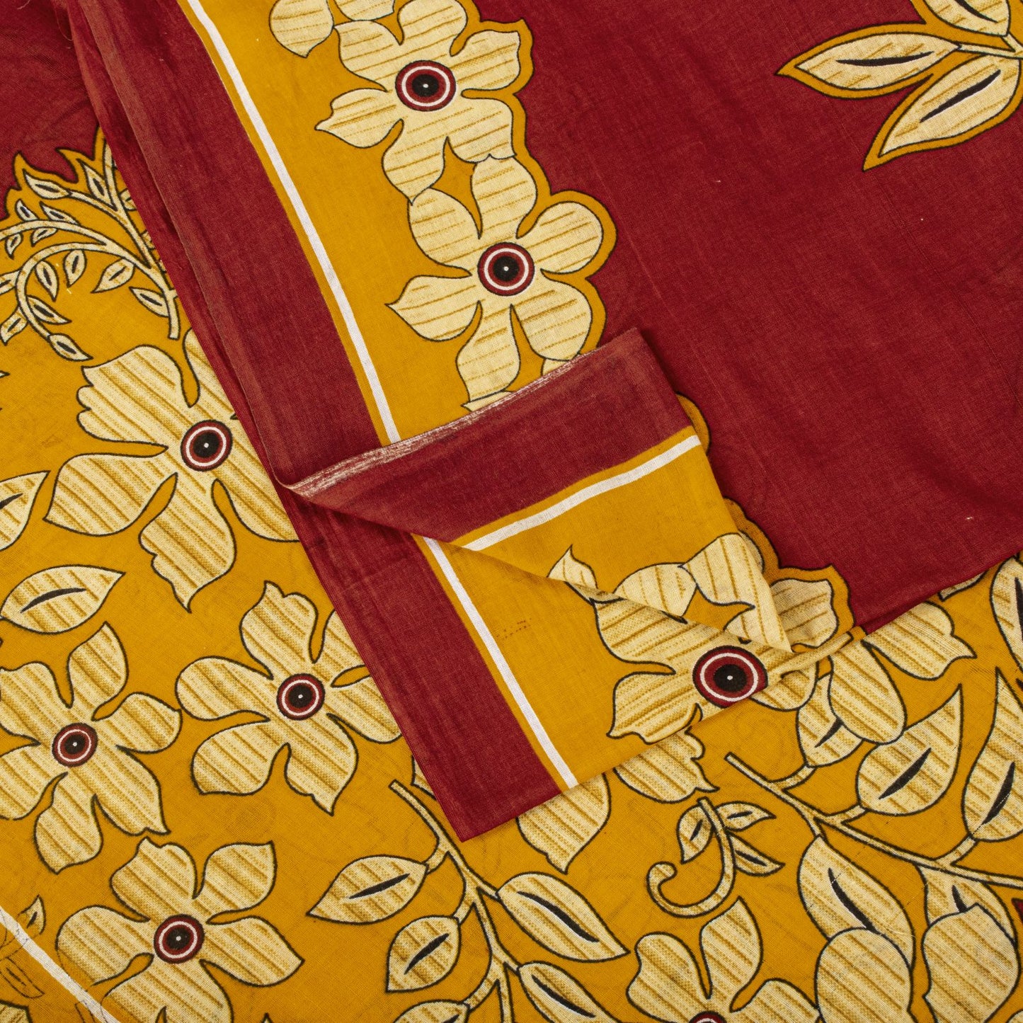 Sanskriti Vintage Saree Yellow-Red Pure Cotton Floral Printed Sari Fabric 5+Yard