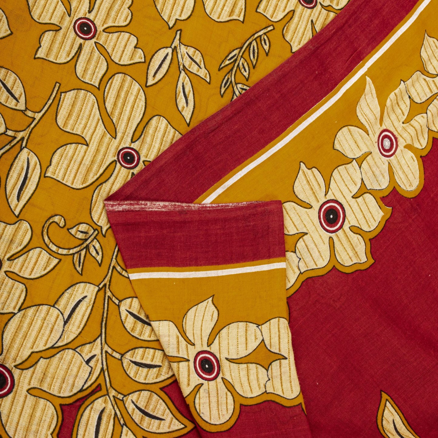 Sanskriti Vintage Saree Yellow-Red Pure Cotton Floral Printed Sari Fabric 5+Yard