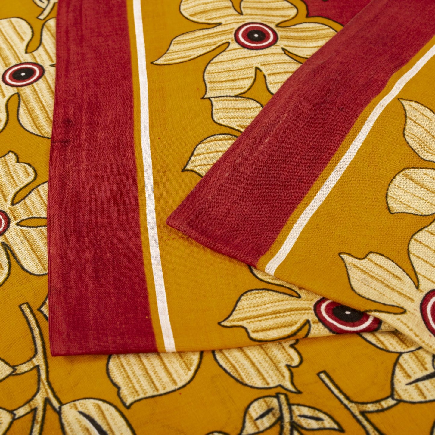 Sanskriti Vintage Saree Yellow-Red Pure Cotton Floral Printed Sari Fabric 5+Yard