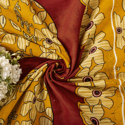 Sanskriti Vintage Saree Yellow-Red Pure Cotton Floral Printed Sari Fabric 5+Yard