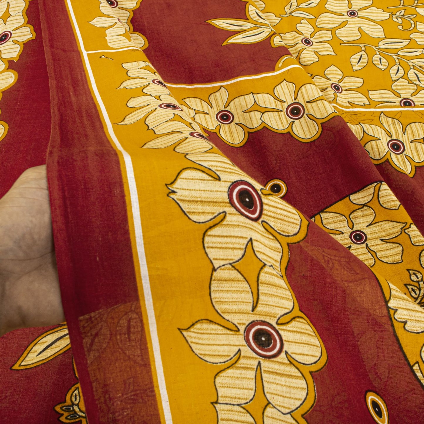Sanskriti Vintage Saree Yellow-Red Pure Cotton Floral Printed Sari Fabric 5+Yard