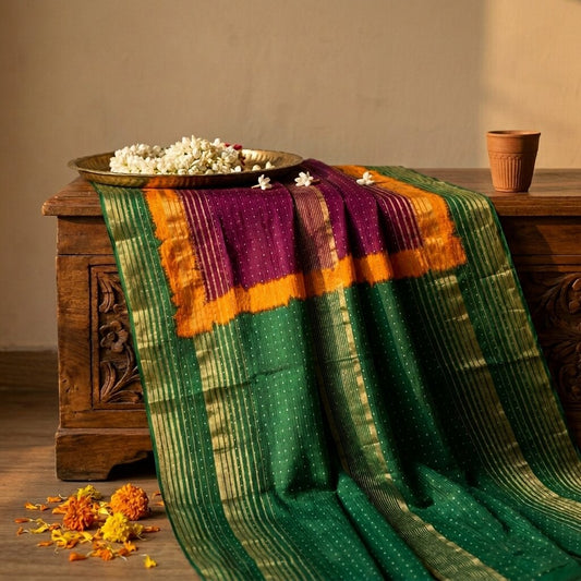 Sanskriti Vintage Saree Violet-Green Pure Cotton Woven-Print Fabric 5+Yard Sari