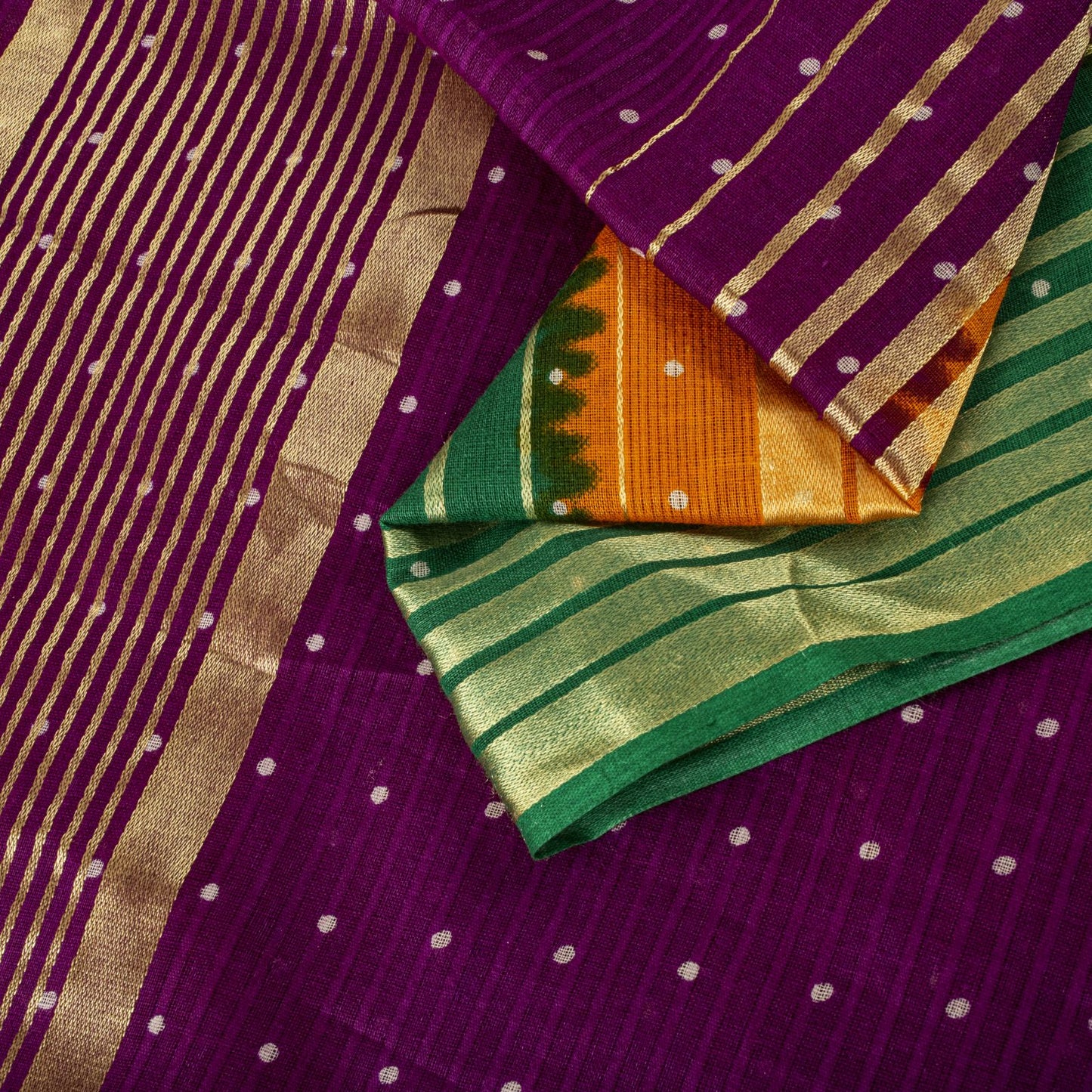 Sanskriti Vintage Saree Violet-Green Pure Cotton Woven-Print Fabric 5+Yard Sari