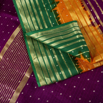 Sanskriti Vintage Saree Violet-Green Pure Cotton Woven-Print Fabric 5+Yard Sari